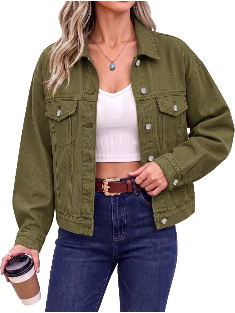 Women’s Dark Green Long Sleeve Button Down Oversized Casual Denim Jean Jacket